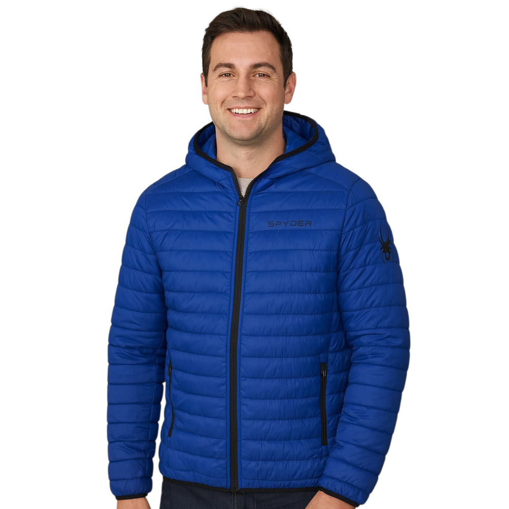 Spyder Mens Large Hooded Jacket Electric Blue Packable ThermoWeb Water Resistant